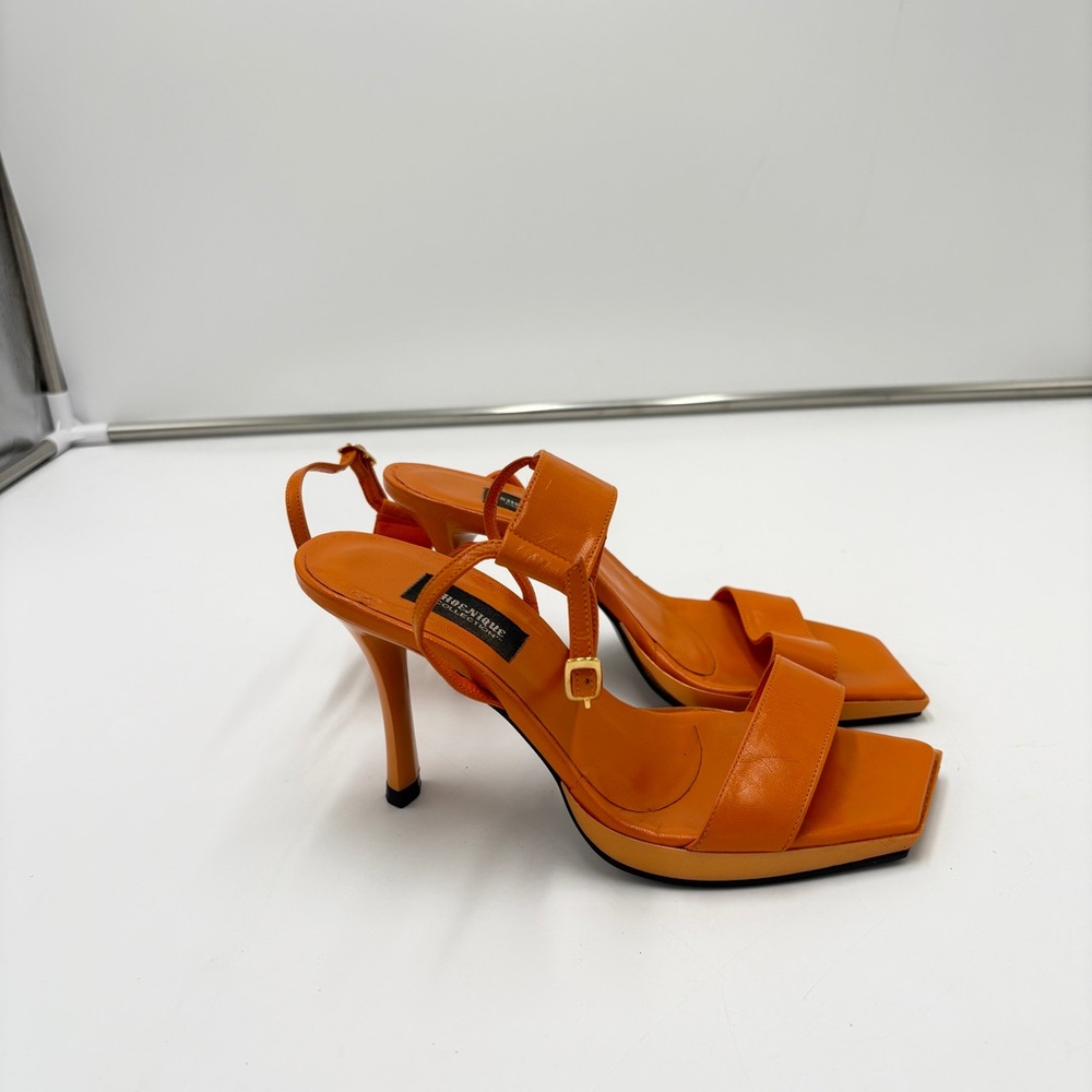 Vtg Y2K 90s Shoenique Orange Leather Square Toe Stappy Sandal Heels Platform 5